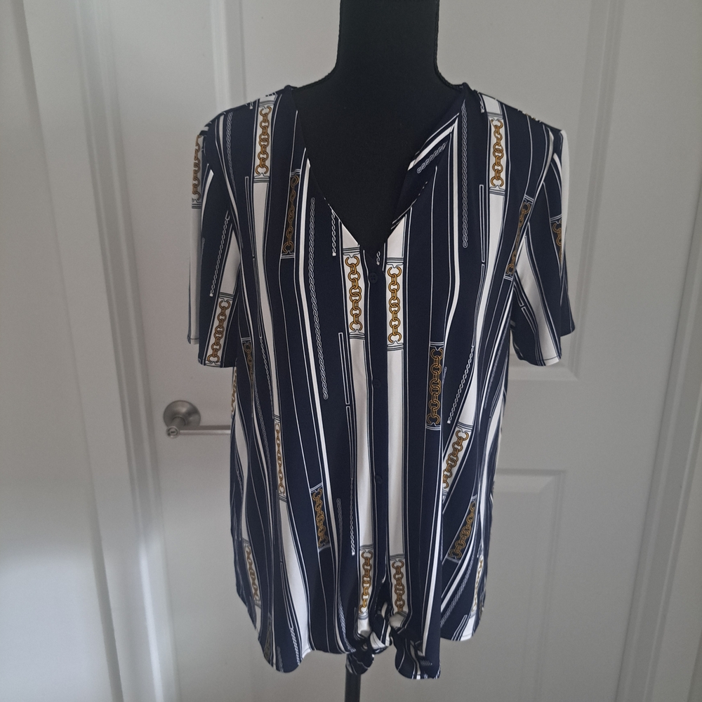 Ann Taylor Navy and White Geometric Blouse